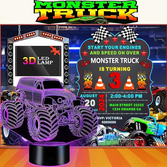 Monster Trucks Night Light for Boys 3D LED Lamp, Home Decor Lighting for Kids Room, Perfect Kids Room Decor, Inspired by The Iconic Grave Digger Monster Truck, Ideal Gift for Kids Fans - LeafyLoom