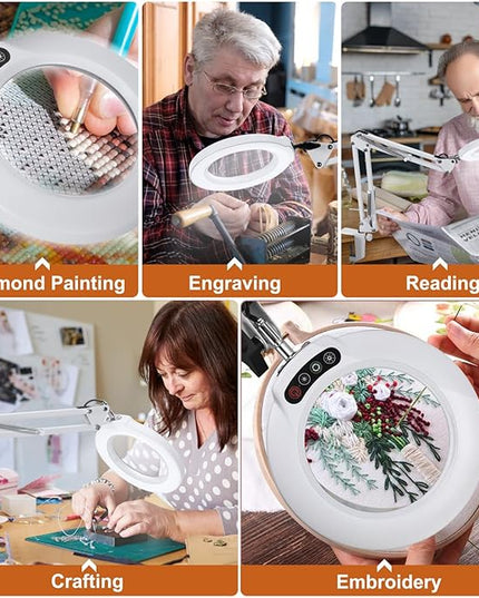 Veemagni 10X Magnifying Glass with Light, 5 Color Modes Stepless Dimmable 2-in-1 Desk Lamp and Clamp, LED Lighted Magnifier with Light and Stand, Hands Free for Craft Hobby Painting Close Work - White - LeafyLoom