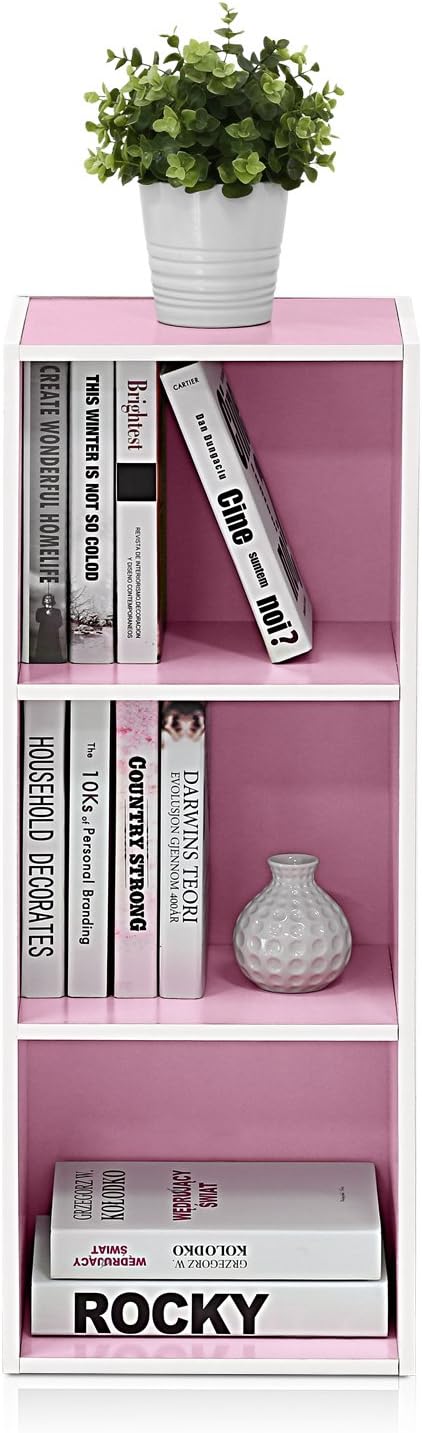 Furinno 3-Tier Open Shelf Bookcase, White/Pink 11003WH/PI - LeafyLoom