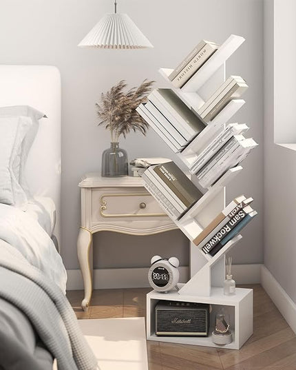 YMYNY 6 Tier Tree Bookshelf, Tall Bookcase, Wood Book Storage Rack with Drawer, Modern Floor Standing Book Shelf for Books/Movies/CDs, Utility Organizer for Living Room, Home Office, White UHBC016W - LeafyLoom
