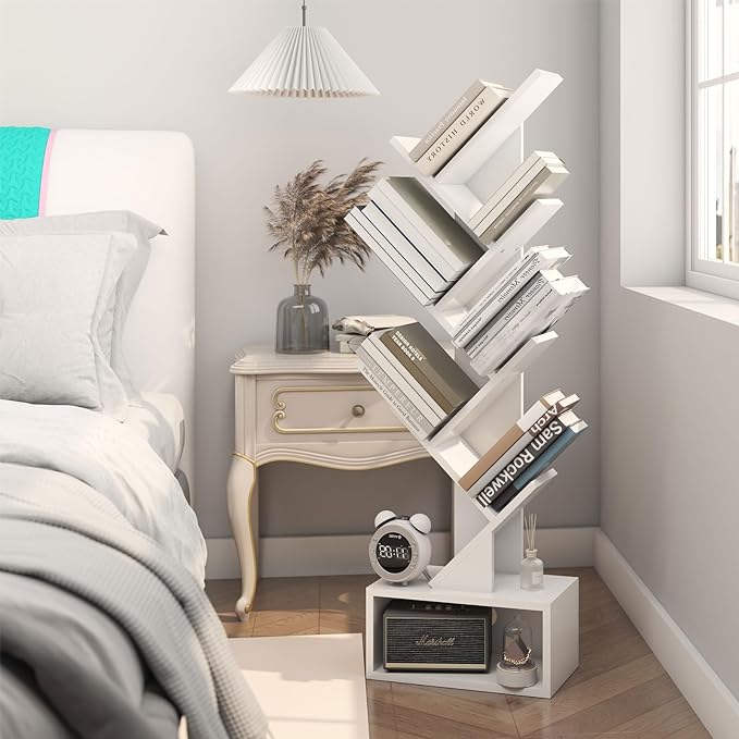 YMYNY 6 Tier Tree Bookshelf, Tall Bookcase, Wood Book Storage Rack with Drawer, Modern Floor Standing Book Shelf for Books/Movies/CDs, Utility Organizer for Living Room, Home Office, White UHBC016W - LeafyLoom