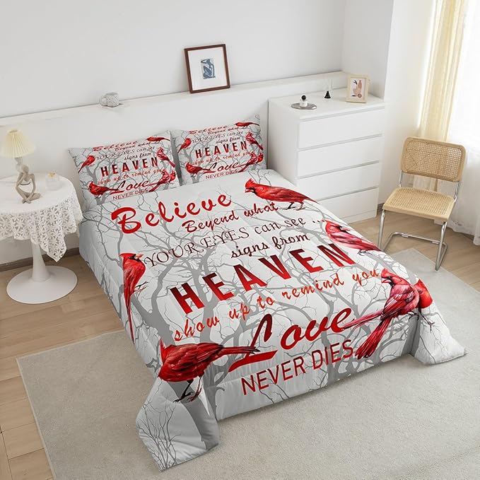 Cardinal Bird Comforter Set Twin Size Farmhouse Red Birds Bedding Set for Girls Boys Women Men Tree Branches Decor Comforter Nature Comforter with 1 Pillow Case - LeafyLoom