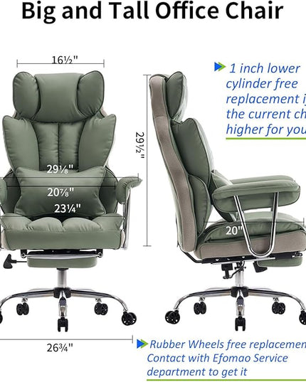 Desk Office Chair 400LBS,Big and Tall PU Leather Computer Chair, Executive Office Chair with Leg Rest and Lumbar Support, Light Green Office Chair - LeafyLoom