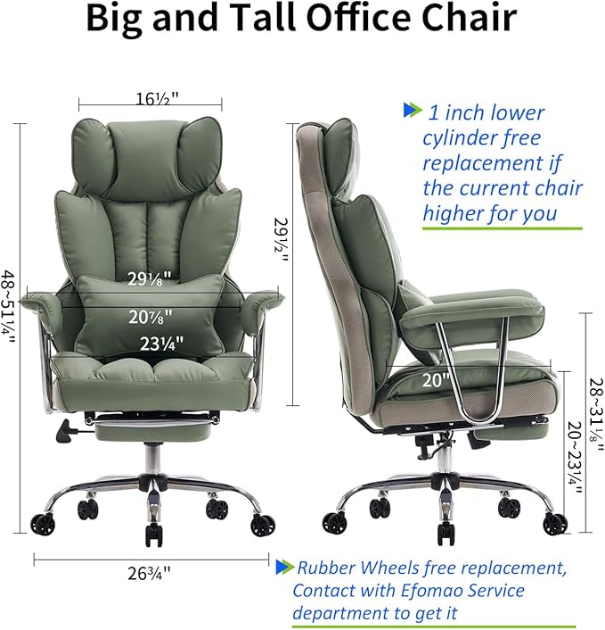 Desk Office Chair 400LBS,Big and Tall PU Leather Computer Chair, Executive Office Chair with Leg Rest and Lumbar Support, Light Green Office Chair - LeafyLoom