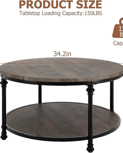 GAOMON Round Coffee Table Living Room 34.25in Rustic Circle Center Table with Storage Shelf 2-Tier Modern Wood Coffee Table Metal Frame, Easy Assembly(Light Walnut) - LeafyLoom