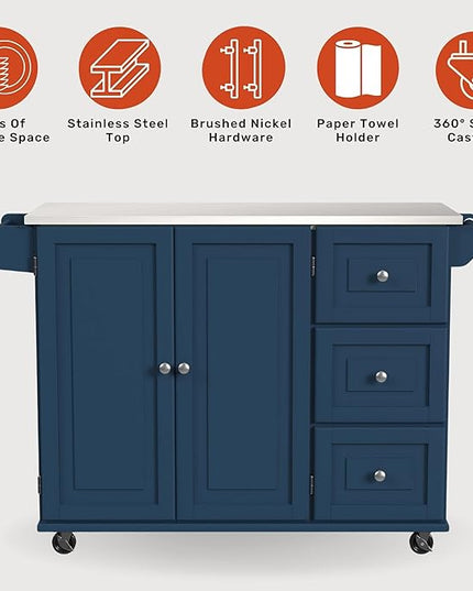 Homestyles Mobile Kitchen Island Cart with Stainless Steel Top, Blue - LeafyLoom