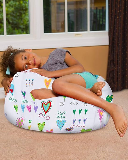 Posh Creations Bean Bag Chair for Kids, Teens, and Adults Includes Removable and Machine Washable Cover, Canvas Multi-Colored Hearts on White, 27in - Medium - LeafyLoom