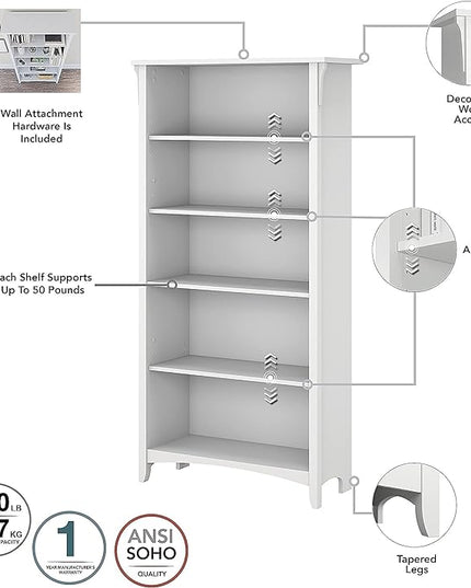 Bush Furniture BSH24463038 Salinas 5-Shelf 63-Inch H Bookcase, Pure White - LeafyLoom