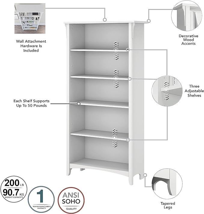 Bush Furniture BSH24463038 Salinas 5-Shelf 63-Inch H Bookcase, Pure White - LeafyLoom