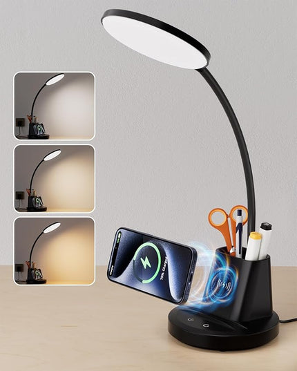 hansang LED Desk Lamp for Home Office with Wireless Charger, 3 Color Modes, Stepless Dimmable, Touch Control Black Study Lamp with Pen Holder for College Dorm Room, CRI 90, 800 Lumen, Adapter Included - LeafyLoom