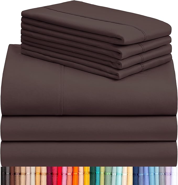 LuxClub 7 PC Split King Sheet Set, Breathable Luxury Bed Sheets, Deep Pockets 18" Eco Friendly Wrinkle Free Cooling Sheets Machine Washable Hotel Bedding Silky Soft - Brown Split King - LeafyLoom