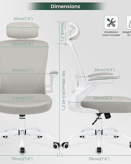 KERDOM Ergonomic Office Chair, Breathable Mesh Desk Chair, Lumbar Support Computer Chair with Headrest and Flip-up Arms, Swivel Task Chair, Adjustable Height Gaming Chair, LightGray - LeafyLoom