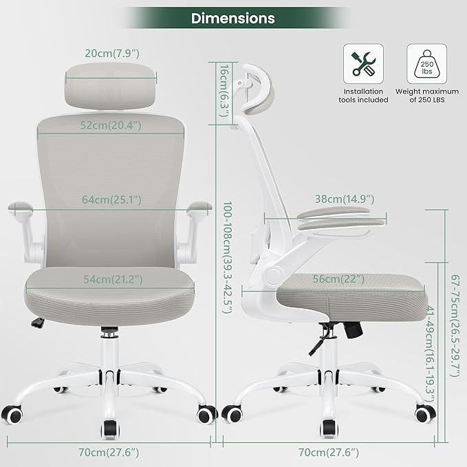 KERDOM Ergonomic Office Chair, Breathable Mesh Desk Chair, Lumbar Support Computer Chair with Headrest and Flip-up Arms, Swivel Task Chair, Adjustable Height Gaming Chair, LightGray - LeafyLoom
