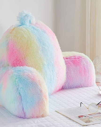 Faux Fur Backrest Pillow for Kids, Teen Reading Pillow with Arms, Fluffy Back Support Pillow for Sitting Up in Bed/Couch, Bed Wedge Pillow for Girls, Reading & Bed Rest Pillows (Pink) - LeafyLoom