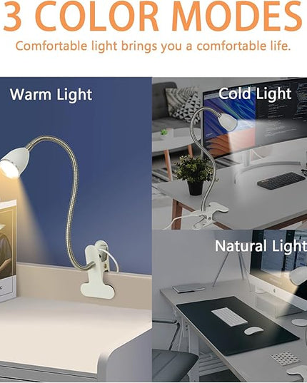 Desk lamp Eye-Caring Table Lamps, 360°Rotation Gooseneck Clip on Lamp Reading Light, Portable Reading Book Light, Clamp Light, Study Desk Lamps for Bedroom and Office Home Lighting (White-C01) - LeafyLoom