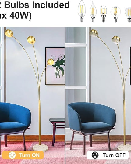 DLLT 3-Light Arc Floor Lamp, 86.6" Gold Floor Lamps for Living Room, Multi-Head LED Standing Tall Lamp with Adjustable Arms, Modern Tree Floor Lamps for Bedroom, Study, Office, E12 Bulbs Included - LeafyLoom