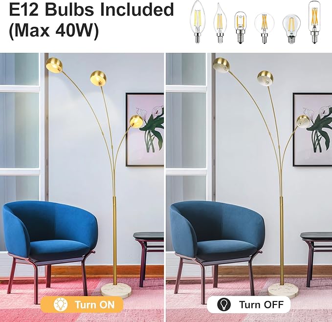 DLLT 3-Light Arc Floor Lamp, 86.6" Gold Floor Lamps for Living Room, Multi-Head LED Standing Tall Lamp with Adjustable Arms, Modern Tree Floor Lamps for Bedroom, Study, Office, E12 Bulbs Included - LeafyLoom