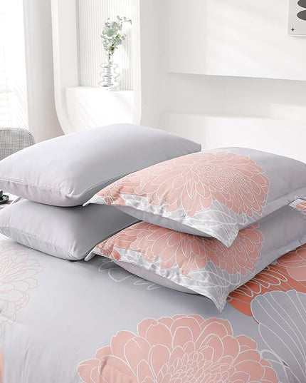 Yiran 7 Pieces Blush Grey Comforter Set Floral Bed in a Bag Soft Microfiber Comforter Bedding Set Queen Size 90"×90"(1 Comforter,2 Pillowcases,2 Pillow Shams,1 Flat Sheet,1 Fitted Sheet) - LeafyLoom