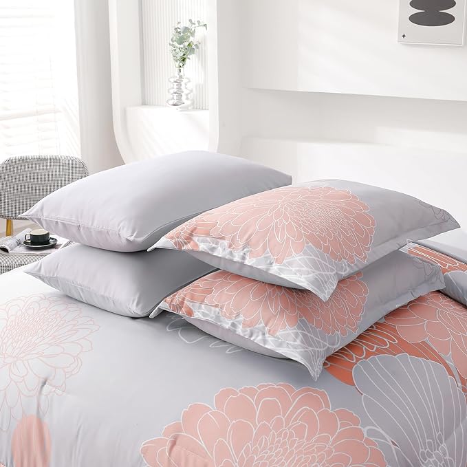 Yiran 7 Pieces Blush Grey Comforter Set Floral Bed in a Bag Soft Microfiber Comforter Bedding Set Queen Size 90"×90"(1 Comforter,2 Pillowcases,2 Pillow Shams,1 Flat Sheet,1 Fitted Sheet) - LeafyLoom