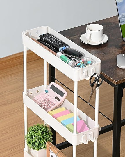 TOOLF Slim Rolling Storage Cart, 4 Tier Bathroom Organizer, Skinny Rolling Utility Cart on Wheels with Hooks, Mobile Shelving Unit Organizer for Kitchen, Bathroom, Laundry, Narrow Places, White - LeafyLoom