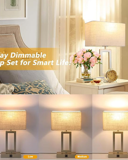 Lamps Set of 2 Touch Control Table Lamps with 2 USB Ports 3-Way Dimmable Bedside Nightstand Lamps for Bedrooms Silver Lamp for End Table Contemporary Lamps with Beige/Grey Shades - LeafyLoom