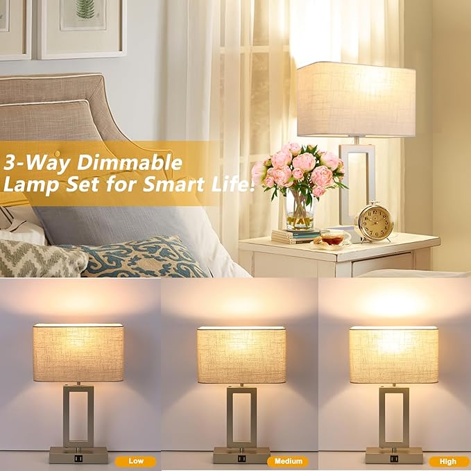 Lamps Set of 2 Touch Control Table Lamps with 2 USB Ports 3-Way Dimmable Bedside Nightstand Lamps for Bedrooms Silver Lamp for End Table Contemporary Lamps with Beige/Grey Shades - LeafyLoom