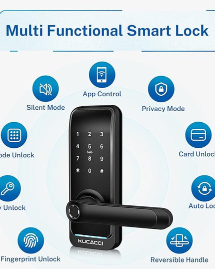 Smart Door Lock with Handle: Kucacci Keyless Entry Digital Door Lock for Front Door - Fingerprint Keypad Smart Dnob - Generate Passcode Remotely - App Control - Easy Installation(Black) KeylessLockforSmartHome