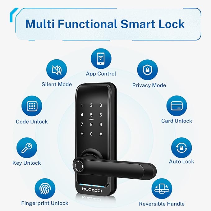Smart Door Lock with Handle: Kucacci Keyless Entry Digital Door Lock for Front Door - Fingerprint Keypad Smart Dnob - Generate Passcode Remotely - App Control - Easy Installation(Black) KeylessLockforSmartHome