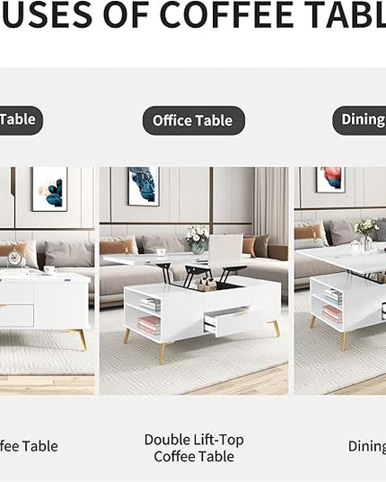 47 Inch Lift Top Coffee Table with 4 Drawers, Modern Center Table with Extendable Tabletop and Open Shelf, Multi Functional Coffee Table for Living Room, White - LeafyLoom