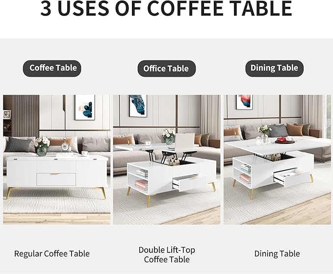 47 Inch Lift Top Coffee Table with 4 Drawers, Modern Center Table with Extendable Tabletop and Open Shelf, Multi Functional Coffee Table for Living Room, White - LeafyLoom