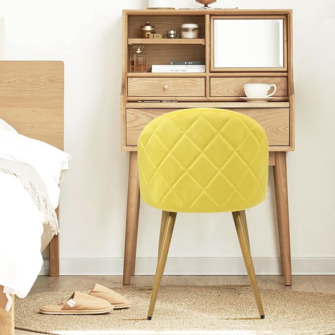 FurnitureR Upholstered Velvet Dining Chair Mid Back Armless with Wood Legs for Home Kitchen Bedroom Living Room, Set of 2, Yellow - LeafyLoom