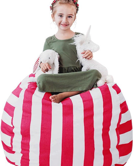 Creative QT Stuff ’n Sit Extra Large 38’’ Bean Bag Storage Cover for Stuffed Animals & Toys, Giant Beanbag Chair for Plush, Toddler & Kids Rooms Bedroom Organizer, Pink/White Stripe - LeafyLoom