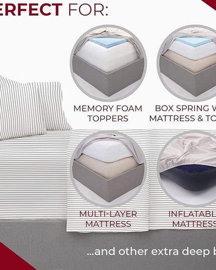 Mellanni Extra Deep Full Sheets - 4 PC Iconic Collection Bedding Sheets & Pillowcases - Hotel Luxury, Ultra Soft, Cooling Bed Sheets - Extra Deep Pocket up to 21 inch (Full, Pinstripe Gray) - LeafyLoom