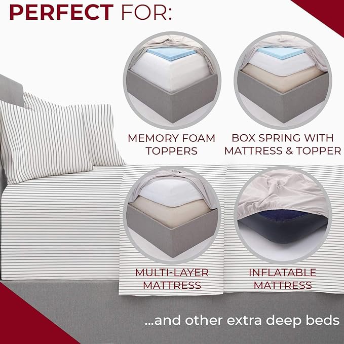Mellanni Extra Deep California King Sheets - 4 PC Iconic Collection Bedding Sheets & Pillowcases - Luxury, Ultra Soft, Cooling Bed Sheets - Extra Deep Pocket up to 21 inch (Cal King, Pinstripe Gray) - LeafyLoom