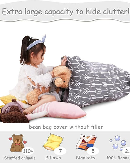 Jorbest Stuffed Animal Storage Bean Bag Chair for Kids and Adults, Stuffed Animal Bean Bag, Premium Canvas Stuffie Seat - COVER ONLY (Grey with White Arrows 200L/52 Gal) - LeafyLoom