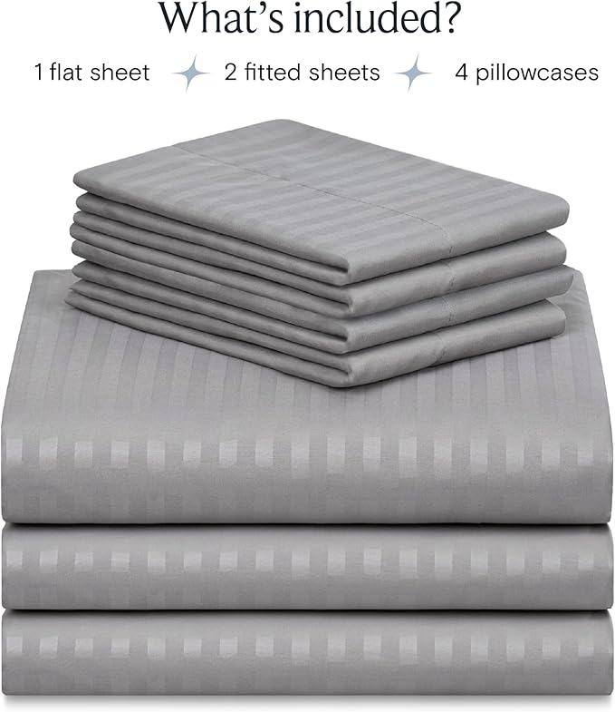 LuxClub 7 PC Split King Size Sheet Set Bed Sheets, Breathable Luxury Bed Sheets, Deep Pockets 18" Wrinkle Free Cooling Bed Sheets Machine Washable Hotel Bedding (Split King, Striped Light Grey) - LeafyLoom