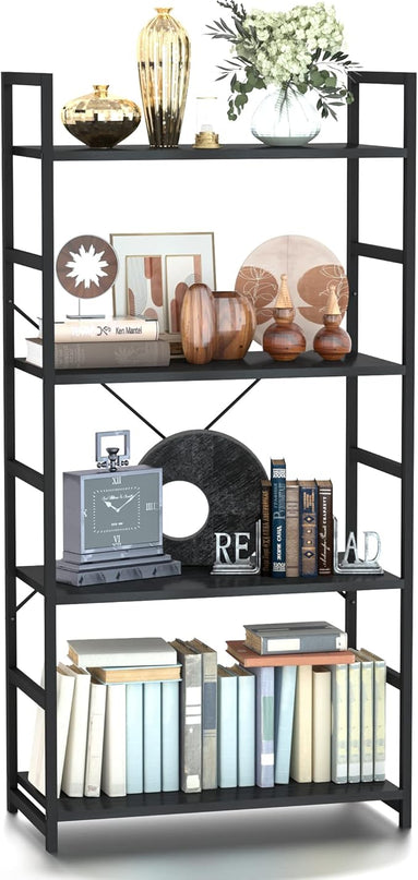 NUMENN 4 Tier Bookshelf, Tall Bookcase Shelf Storage Organizer, Modern Book Shelf for Bedroom, Living Room and Home Office, Black - LeafyLoom