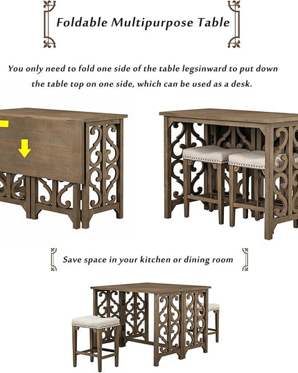NicBex Small Dining Table for 2 Breakfast Nook Table Set 3-Piece Retro Dining Set Solid Wood Counter Height Pub Set Foldable Table with 2 Saddle Stools for Kitchen, Distressed Brown - LeafyLoom