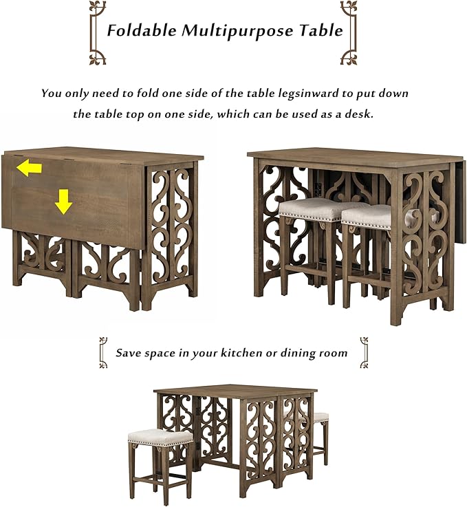 NicBex Small Dining Table for 2 Breakfast Nook Table Set 3-Piece Retro Dining Set Solid Wood Counter Height Pub Set Foldable Table with 2 Saddle Stools for Kitchen, Distressed Brown - LeafyLoom