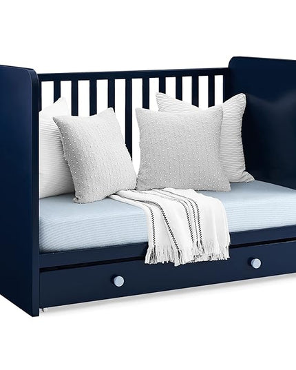Delta Children babyGap Graham 4-in-1 Convertible Crib with Storage Drawer + Brannan Bear Bookcase with Bins + Brannan Bear Wall Shelf with 4 Hooks, Navy/Light Blue (Bundle) - LeafyLoom