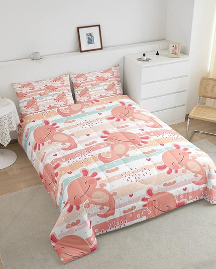Cute Axolotl Comforter Set Queen Size Rainbow Stripes Quilt Set Animal Theme Bedding Comforters 3pcs for Kids Teens Room Decor,Pink Romantic Soft Duvet Set with 2 Pillowcases - LeafyLoom