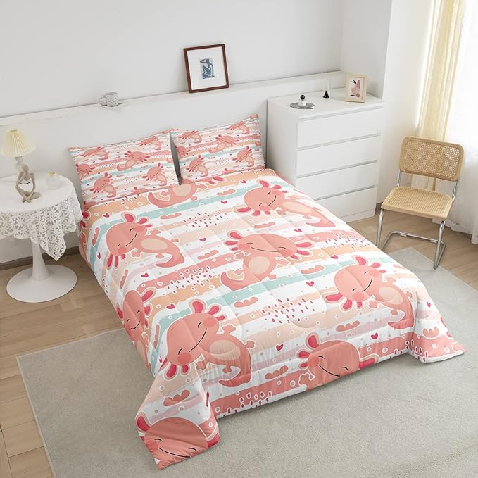 Cute Axolotl Comforter Set Queen Size Rainbow Stripes Quilt Set Animal Theme Bedding Comforters 3pcs for Kids Teens Room Decor,Pink Romantic Soft Duvet Set with 2 Pillowcases - LeafyLoom