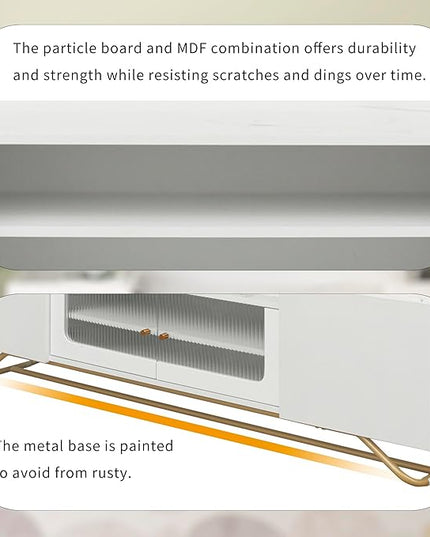 Merax Sleek Design TV Stand with Fluted Glass and Gold Frame Base, Contemporary Entertainment Center for Television Up to 65" Faux Marble Top Console Table for Living Room, 63.07 inch Length, White - LeafyLoom
