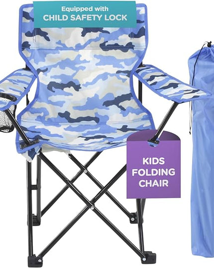 Emily Rose Kids Folding Chair | Beach Chair with Safety Lock- Camping Chair for Boyos Girls Toddler with Cup Holder & Carry Case- Tailgate, Travel, Lawn- for Indoor & Outdoor (Blue Camo) - LeafyLoom