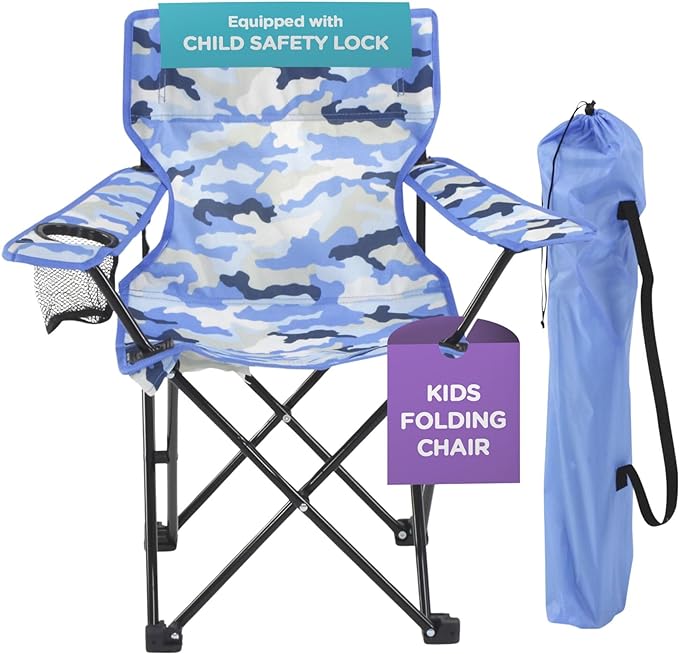 Emily Rose Kids Folding Chair | Beach Chair with Safety Lock- Camping Chair for Boyos Girls Toddler with Cup Holder & Carry Case- Tailgate, Travel, Lawn- for Indoor & Outdoor (Blue Camo) - LeafyLoom