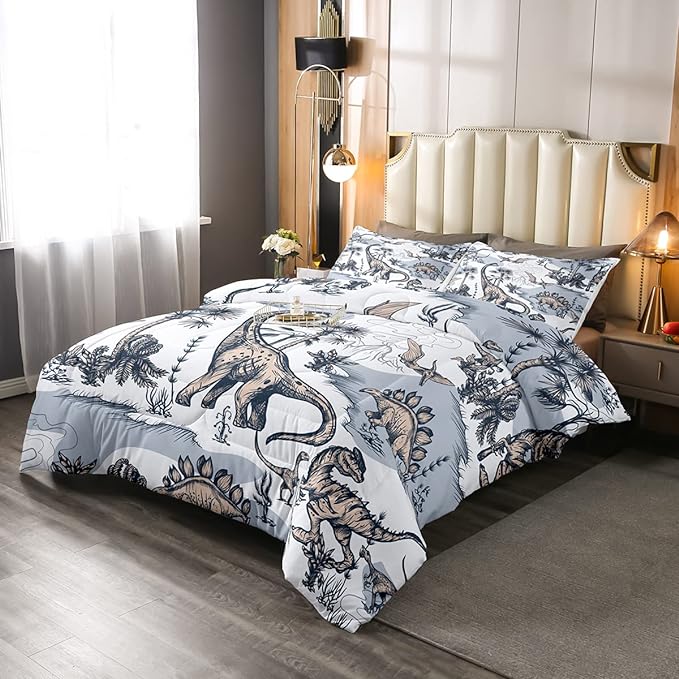 Erosebridal Kids Dinosaur Comforter Set, Dino Palm Tree Bedding Set Twin Size for Boys Teens Adult Bedroom, Ancient Animal Duvet Sets Mountain Tropical Botanical Quilted Duvet with 1 Pillow Case - LeafyLoom