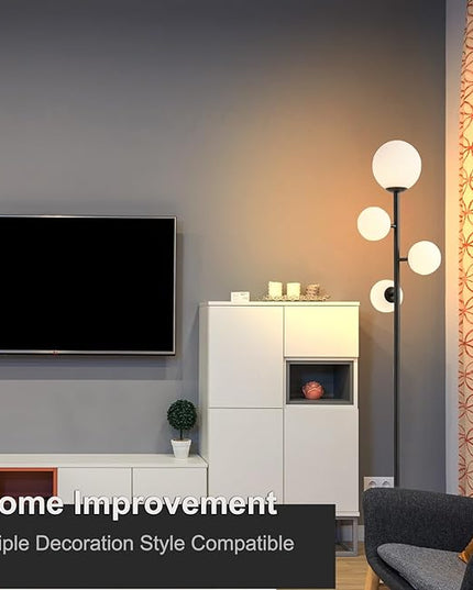 4 Globe Modern Floor Lamp, Mid Century Contemporary Black Standing Lamp with Frosted Orb Glass Shade & Warm White LED Bulbs, Tall Tree Lamp for Living Room, Bedroom, Office, Hotel - LeafyLoom