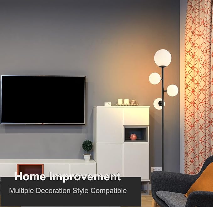 4 Globe Modern Floor Lamp, Mid Century Contemporary Black Standing Lamp with Frosted Orb Glass Shade & Warm White LED Bulbs, Tall Tree Lamp for Living Room, Bedroom, Office, Hotel - LeafyLoom