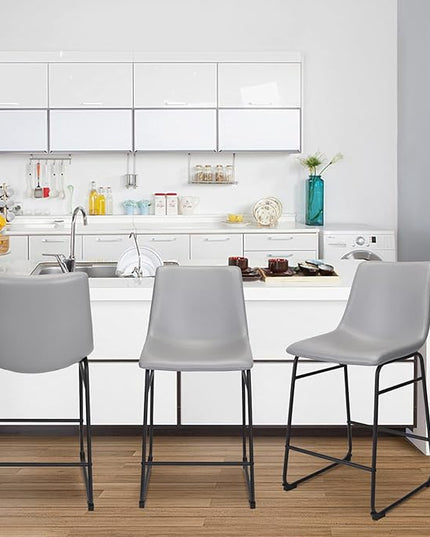 Bar Stools Set of 2, 26 Inches Bar Stool with Back, Carbon Fiber Bar Chair with Metal Legs (Light Grey) - LeafyLoom