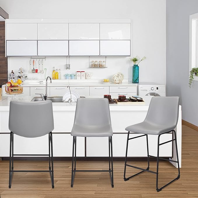 Bar Stools Set of 2, 26 Inches Bar Stool with Back, Carbon Fiber Bar Chair with Metal Legs (Light Grey) - LeafyLoom